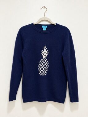 Two Bees Cashmere 100% Cashmere Pineapple Sweater Navy Blue Ivory L